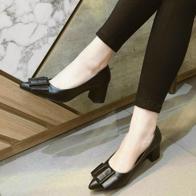 Giày nữ mũi tròn gót vuông 5cm da mềm êm chân