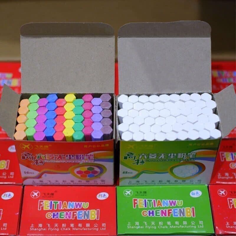 Hộp 50 viên phấn màu lục giác, phấn 10 màu viết bảng, phấn màu vẽ tranh