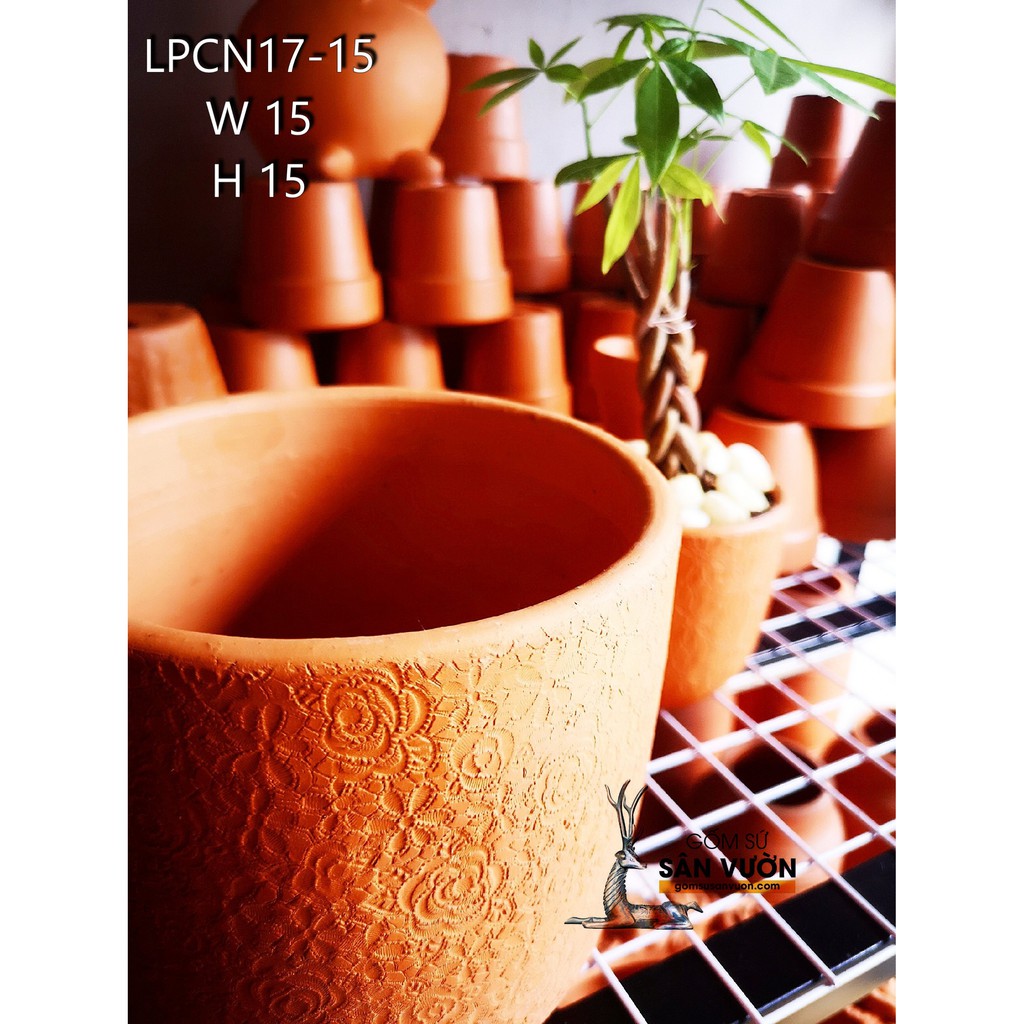 Chậu gốm đất nung kiểu TRỨNG VÂN HOA HỒNG size 15cm LPCN17-15 (1 cái) - Màu gốm đỏ , chậu trồng cây, gốm sứ sân vườn Bìn