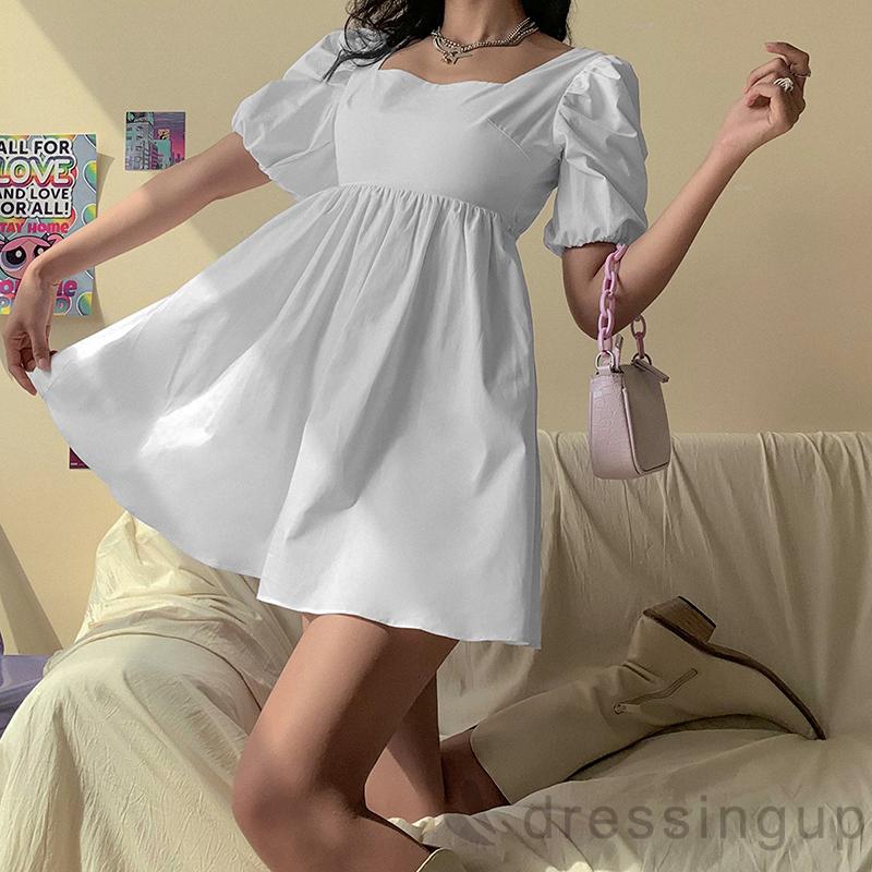 DRESSINGUP-Đầm tay ngắn màu trơn thiết kế hở lưng gợi cảm cho nữ