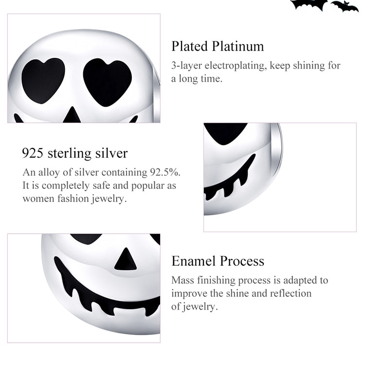 Hạt Charm Bamoer SCC1359 Trang Trí Vòng Tay Hình Đầu Lâu Tròn Bạc 925 Cho Dịp Halloween