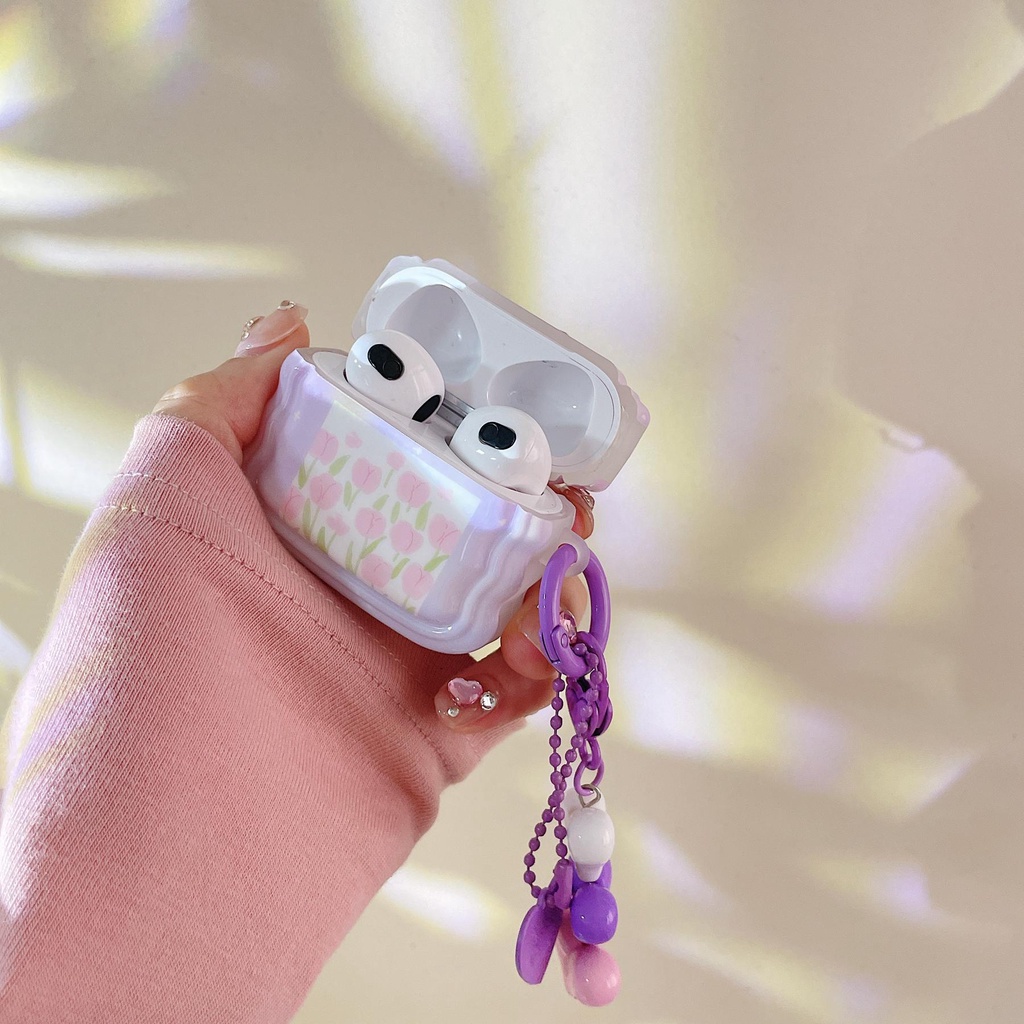 Vỏ Bảo Vệ Hộp Sạc Tai Nghe AirPods Pro 1 / 2 3 2021 gen3 Bằng Silicon Hình Hoa Tulip Tím Dễ Thương Chống Rơi