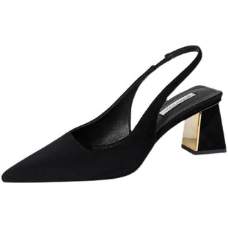 Giày Mules slingback da lộn mũi nhọn quai chun đế tráng gương công sở