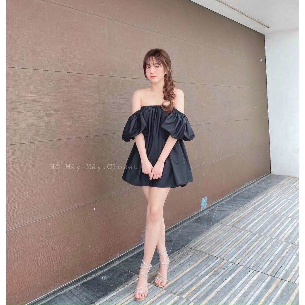 set áo kiểu trễ vai phồng tay mix chân váy rút dây 2 bên