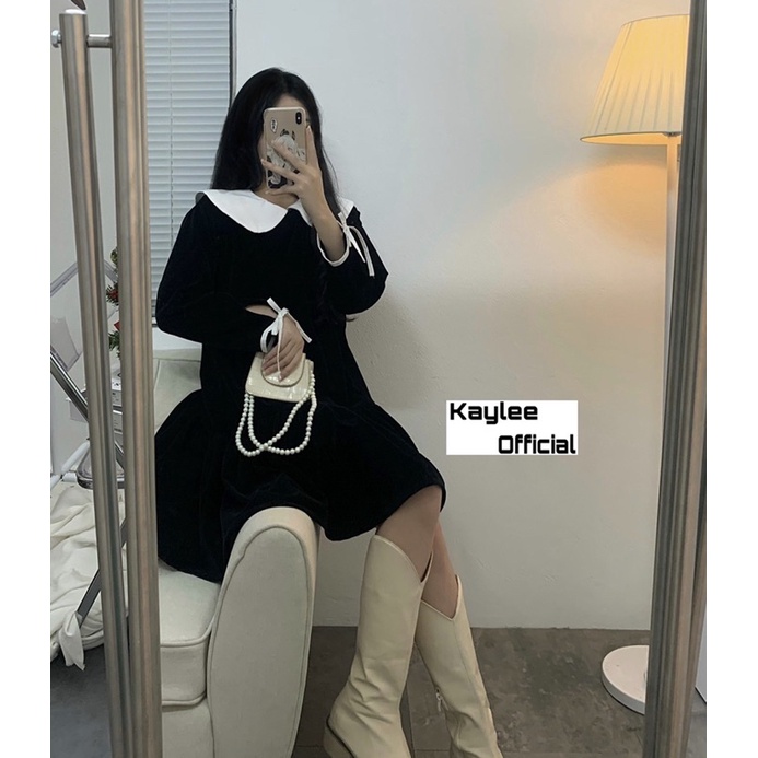 Váy Nhung Cổ Sen Dáng Babydoll Xoè ảnh thật Kaylee