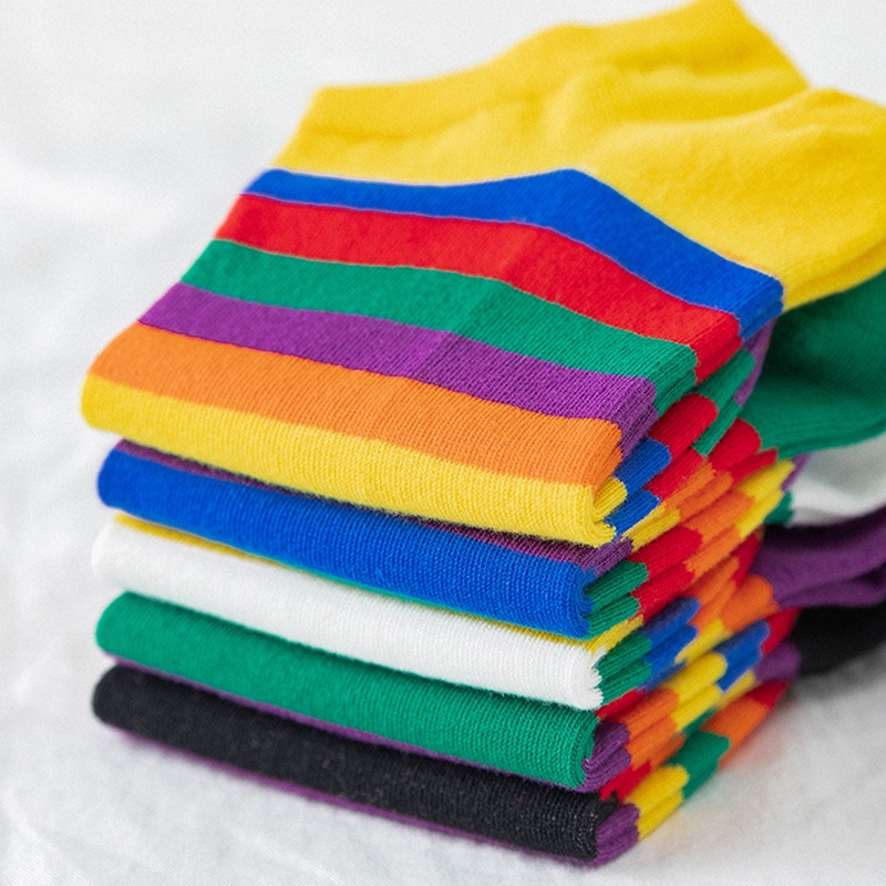 1 Đôi Tất Cotton Cổ Thấp Kẻ Sọc Cầu Vồng Chất Lượng Cao Phong Cách Hàn Quốc Cho Nữ