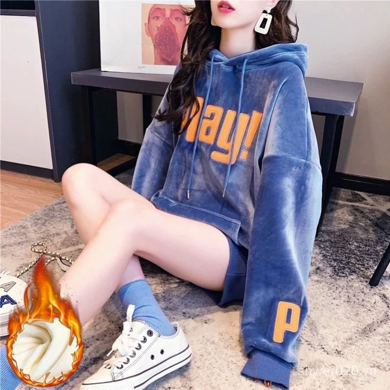 Áo Sweater Có Mũ Trùm Hai Mặt Tay Dài Dáng Rộng Bằng Nhung Kích Thước Lớn Cho Nữ