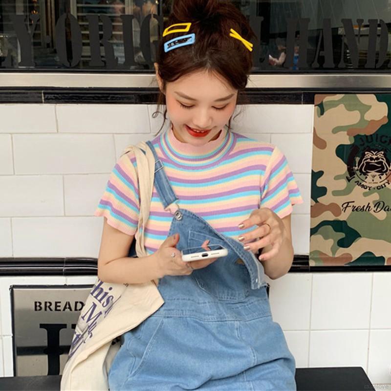 Áo Dệt Kim Tay Ngắn Cổ Lọ Phối Họa Tiết Sọc Ngang Phong Cách Hàn Quốc | BigBuy360 - bigbuy360.vn