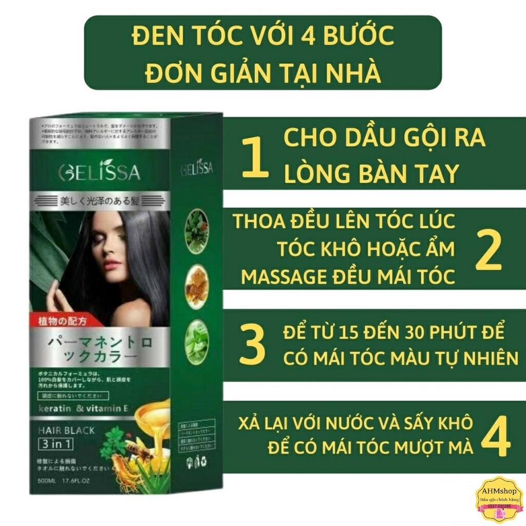 DẦU GỘI PHỦ BẠC TÓC GELISSA THẢO DƯỢC 100% NHẬT BẢN HAI MÀU ĐEN NÂU 500ML MỘT CHAI