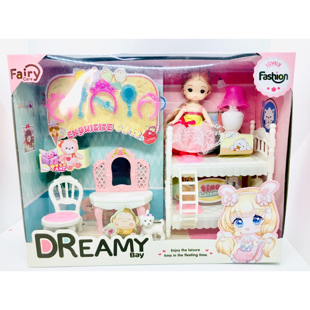 Búp bê Dreammy Baby kèm phụ kiện gường ngủ bàn trang điểm và đồ làm tóc