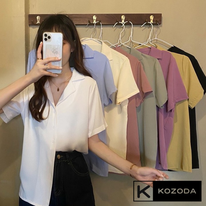 Áo sơ mi tay ngắn cổ vest nữ kiểu form rộng đẹp hàn quốc màu trắng đen kem xanh hồng cộc tay vintage ulzzang kozoda SM33