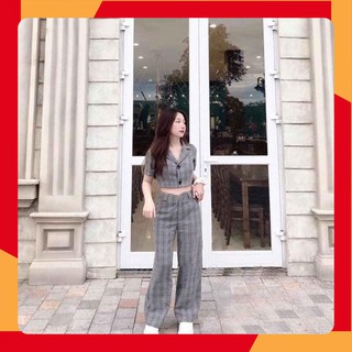 [Nhập THOI99K giảm 5k] ❤Đồ Nữ Cá Tính 👉 Set Áo Croptop Kẻ Cổ Vest + Quần Caro Xám Ống Suông Hot 👉 Thời Trang Nữ Siêu Đ