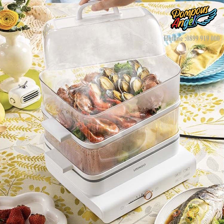 Nồi hấp thực phẩm 3 tầng URINGO 18L màu trắng, hơi nước nhiều ,chín nhanh, bảo hành 12 tháng