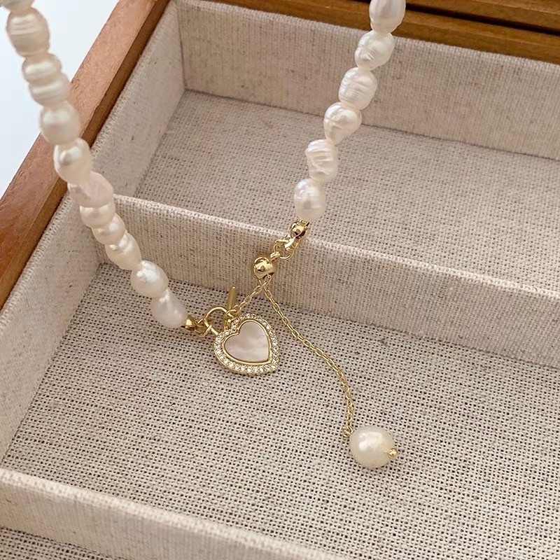 Dây chuyền RINHOO FRIENDSHIP 2 lớp đính ngọc trai giả mặt trái tim rỗng phong cách Âu Mỹ thời trang cho nữ