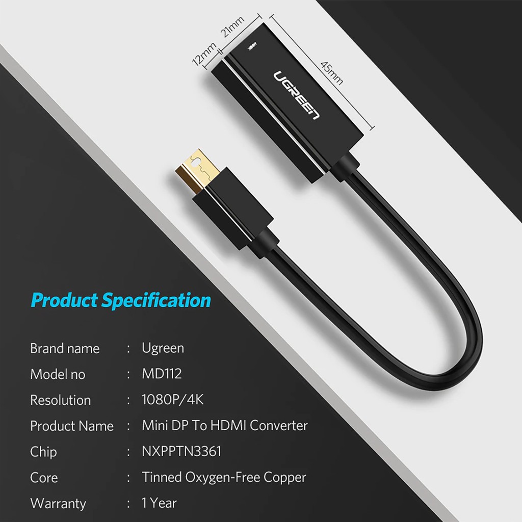 Cáp Chuyển Mini Displayport / Thunderbolt 2 ra HDMI Cao Cấp UGREEN MD112 Chính Hãng