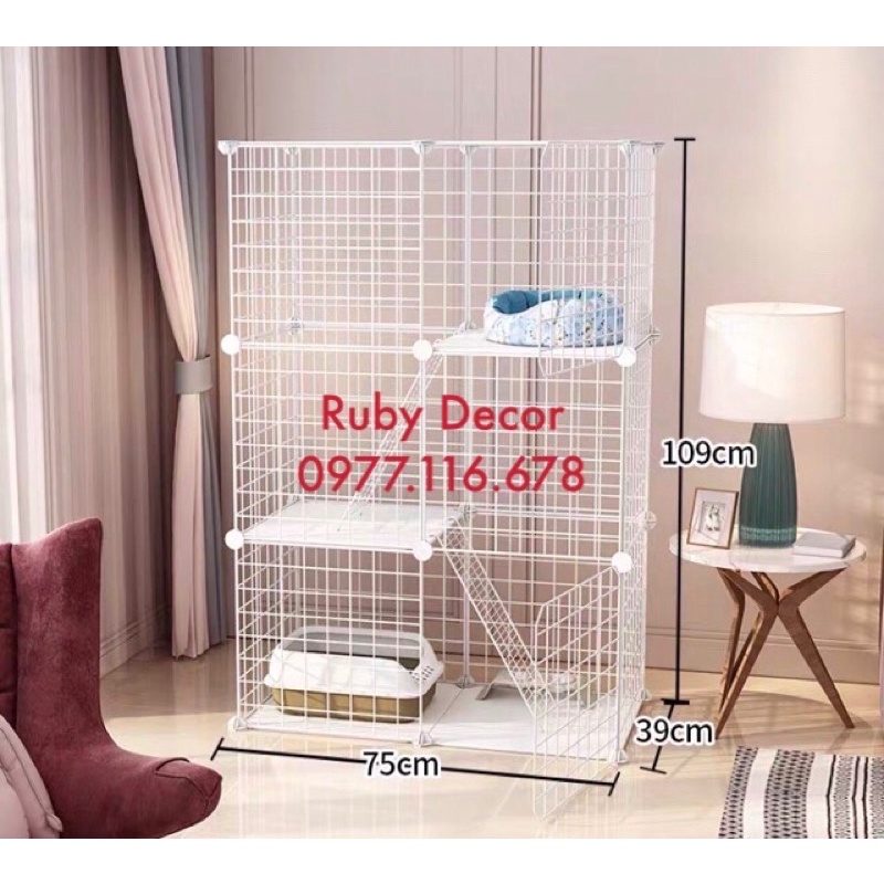 Chuồng mèo 3 tầng lắp ghép dành cho 1-2 bé (chất liệu lưới sắt phun sơn tĩnh điện)- Ruby Decor A363