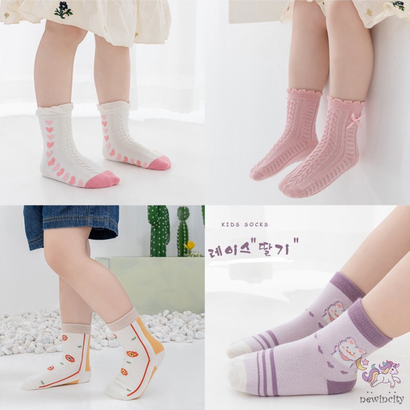 Set 5 Đôi Tất Cotton Dài Trung Bình Chống Trượt Chống Rơi Phong Cách Hàn Quốc Cho Bé