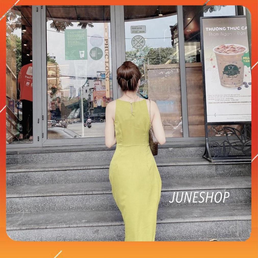 Váy Thiết Kế, Đầm Thiết Kế Cổ Yếm Xanh Chuối Chất Lụa Tằm Dúm Ngực Siêu Sang | BigBuy360 - bigbuy360.vn