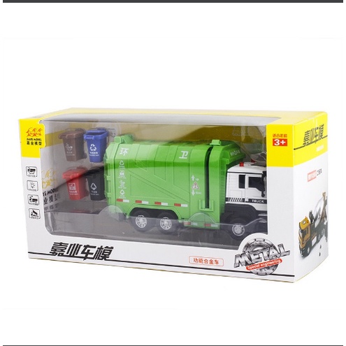 Mô hình xe rác xe tải chở rác hợp kim kèm 4 thùng rác kích thước 17*5.3*8cm có đèn và nhạc