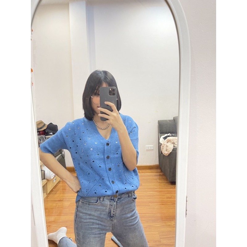 [SẴN-ẢNH THẬT] Áo khoác len cảdigan tay ngắn bo giả xắn tay túi chéo