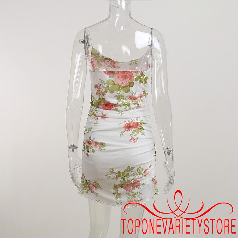 TOPQ-Đầm Mini Không Tay Phối Bèo In Hoa Phong Cách Vintage Cho Nữ