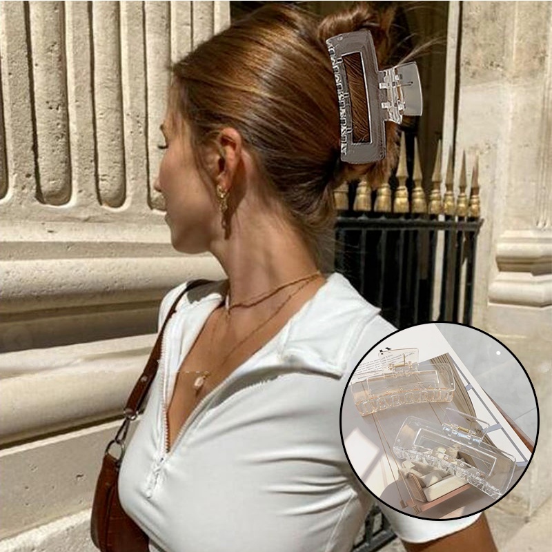 Kẹp Tóc Trong Suốt Bằng Nhựa Màu Trơn Hình Vuông Cỡ Lớn Phong Cách Hàn Quốc
