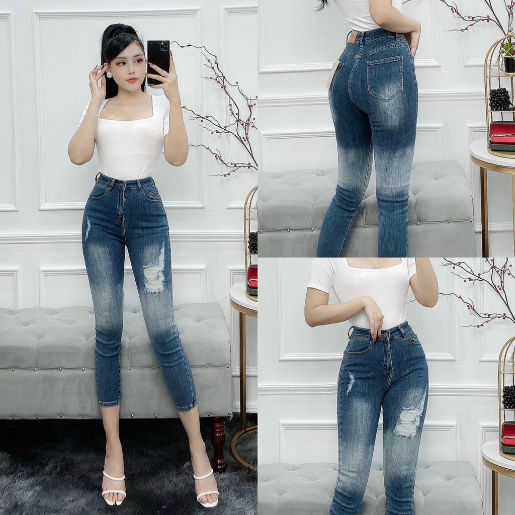 Quần Jeans Nữ 70cm Rách Phối Màu Lưng Cao GC546