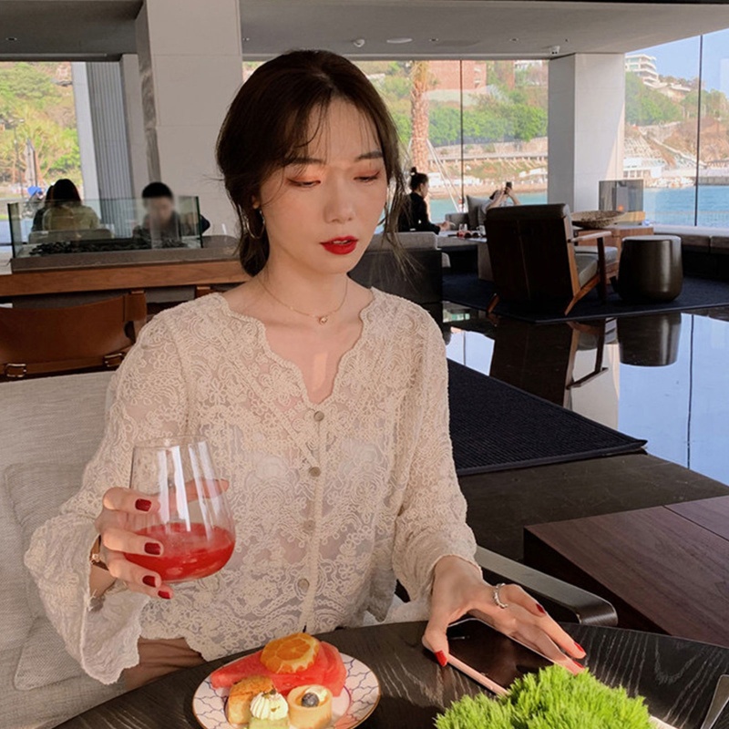 Áo Khoác Ren Cardigan Tay Dài Cổ Chữ V Họa Tiết Hoa Thêu Thời Trang Đi Biển Cho Nữ