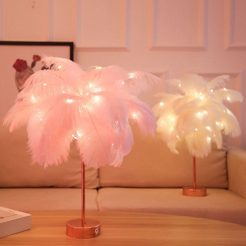 Feather Table Lamp with Remote Control Rose Gold Base for Home -White