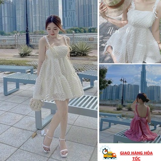 Đầm babaydoll 2 dây hở lưng phối nơ, Đầm công chúa dáng xòe dễ thương