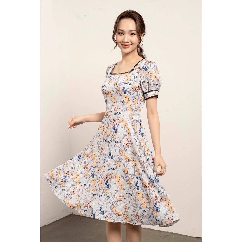 Đầm xòe cổ vuông, viền ren, tay cộc bồng MMOutfit M-DA061221388