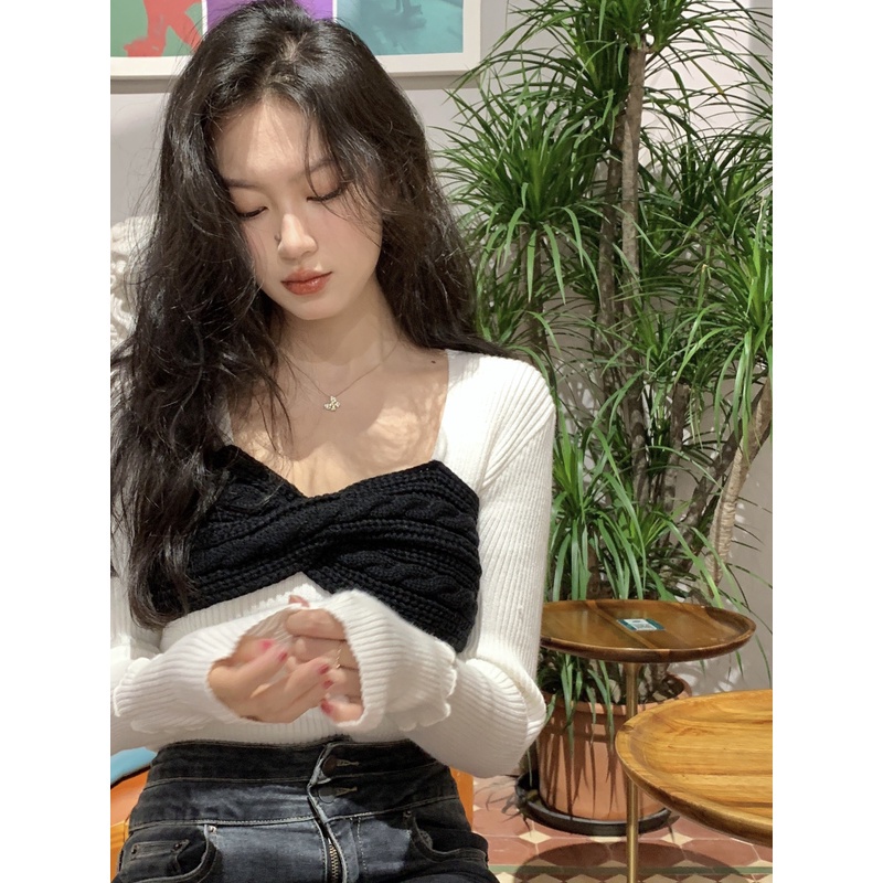 Porozi  Áo sweater nữ  dệt kim cổ vuông phong cách Hàn Quốc