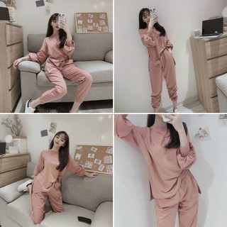 S374 Đồ Bộ Nữ  Tone Hồng Phấn Phối Áo Thụng Dài Tay In Chữ Và Quần Bo Gấu Tôn Dáng Cạp Chun Dễ Mặc