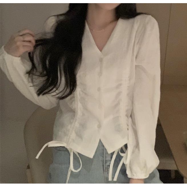 Áo Kiểu Tay Dài Cổ Chữ V Phối Dây Rút Phong Cách Chic Hàn Quốc 2022 Trẻ Trung