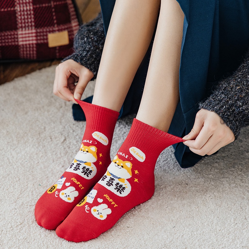 Đôi vớ cotton cổ cao tới mắt cá chân màu đỏ họa tiết mèo may mắn hoạt hình đáng yêu thời trang năm mới cho nữ bé gái