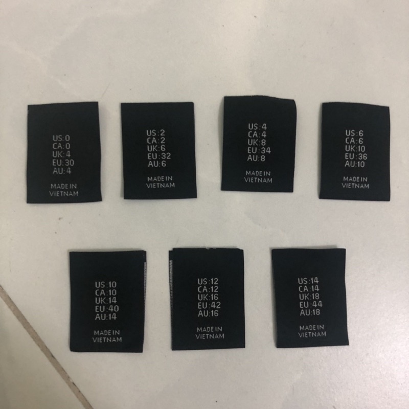 Set 50 Nhãn Vải - Tag Vải Dệt Đen Chữ Xám Size 0-2-4-6-10-12-14 Hàng Công Ty