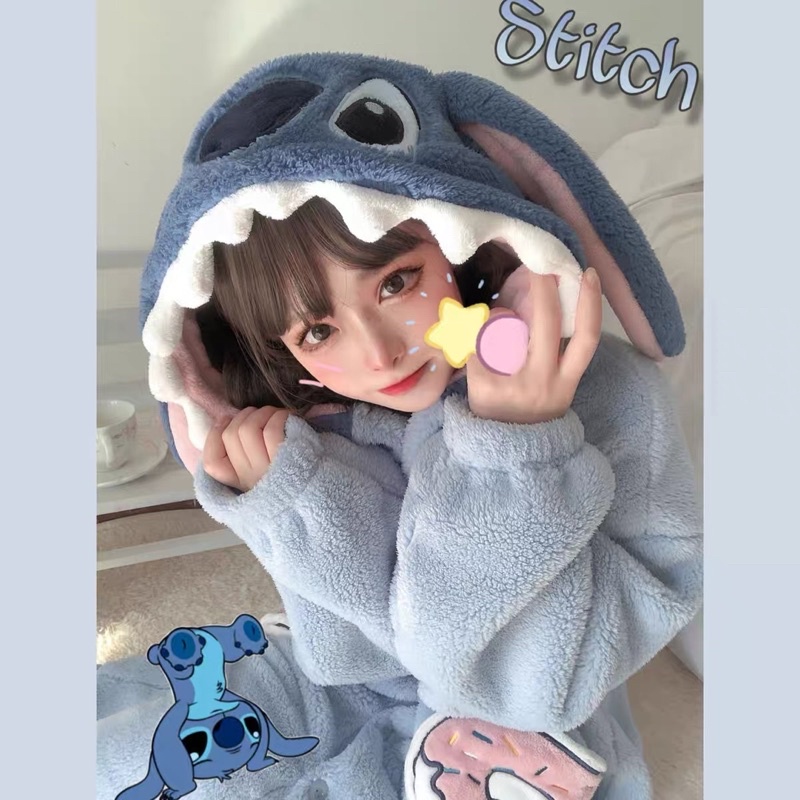 Sẵn) Váy ngủ bông xanh Stitch mũ 2 lớp cự dày dặn túi bánh donut phong cách ulzzang phù hợp mùa đông 2022