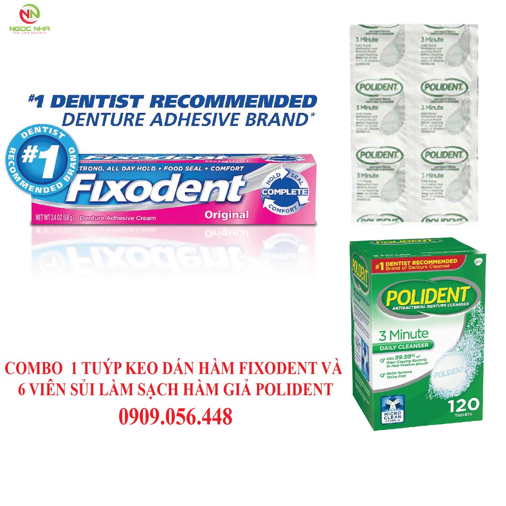 Combo 1 tuýp keo dán hàm Fixodent và 6 viên sủi ngâm làm sạch hàm giả Polident