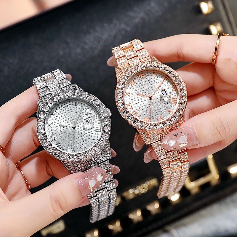 Đồng hồ thời trang nam nữ Rhinestone nạm kim cương mặt tròn số la mã dây kim loại