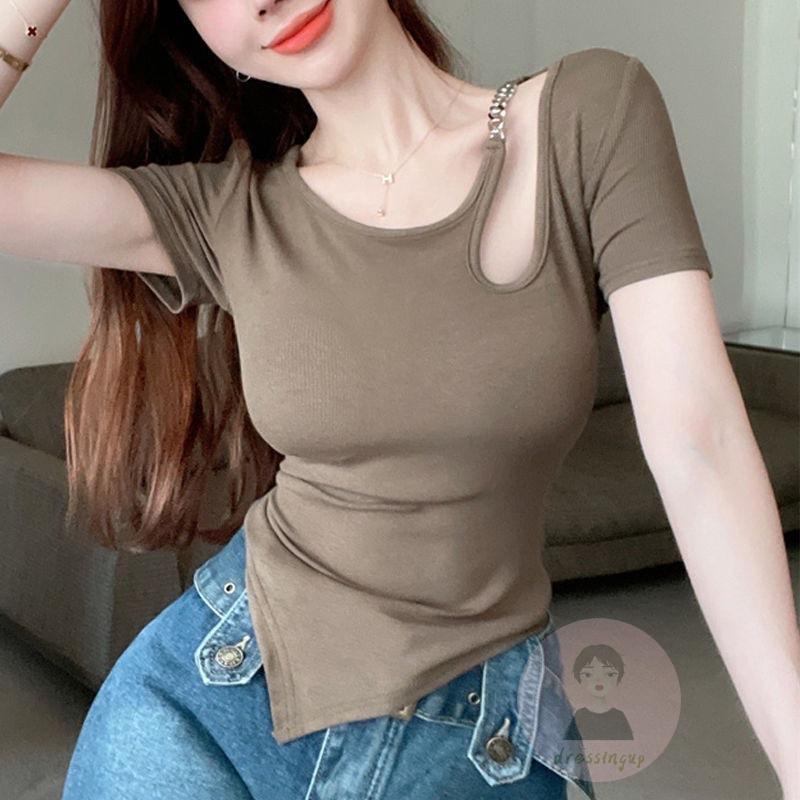 Áo Thun Ngắn Tay Phối Dây Xích Kim Loại Thời Trang Mùa Hè Sành Điệu Cho Nữ