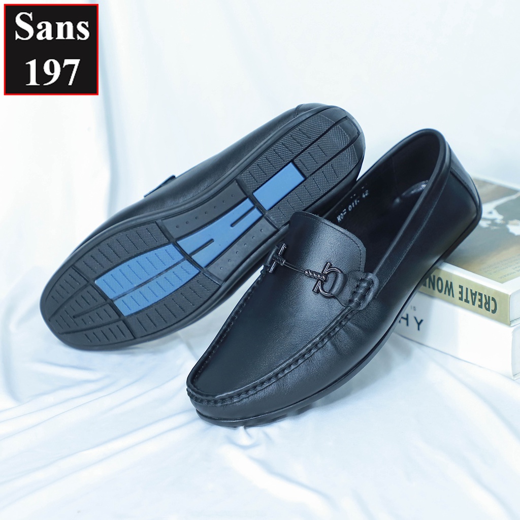 Giày mọi nam da bò Sans197 mũi vuông mềm trơn đế bệt giầy lười moca đen đẹp cao cấp thời trang công sở hàn quốc
