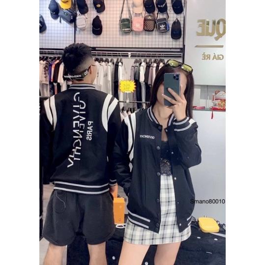 Áo Bomber Givenchy nam nữ, áo khoác Bomber GVC tay da viền trắng thêu chữ dọc lưng