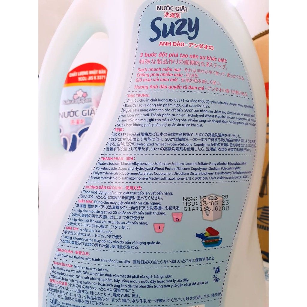 Nước giặt HỮU CƠ SUZY 2,4KG ANH ĐÀO NEW CHỐNG PHAI MÀU, GIỮ MỀM VẢI, chất lượng Nhật Bản | DISHI