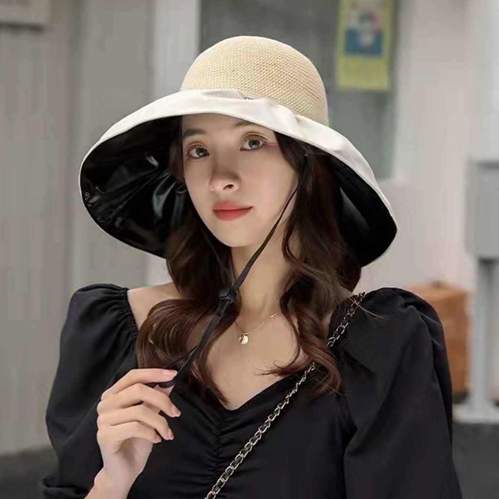 Mũ tai bèo rộng vành thời trang chống tia UV có dây đeo phối nơ là cái túi có thể tháo rời để bỏ mũ mẫu mới