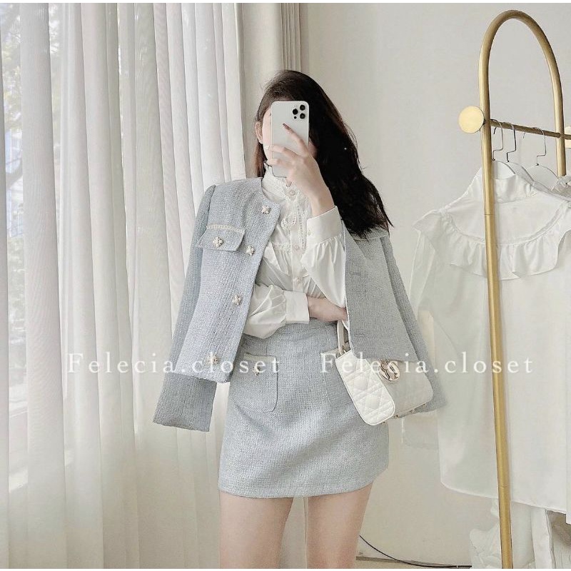 Set dạ tweed 3 món kèm áo sơ mi voan tơ sang chảnh tiểu thư