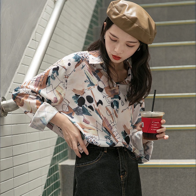 Linki ✧ Áo Sơ Mi Tay Dài Dáng Rộng Cổ Bẻ In Họa Tiết Thời Trang Cho Nữ