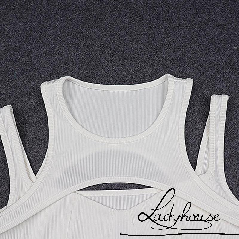 LDD-Women Casual Crop Tops, Solid Color Hollow Out Slim Fit Sleeveless Patchwork Vest