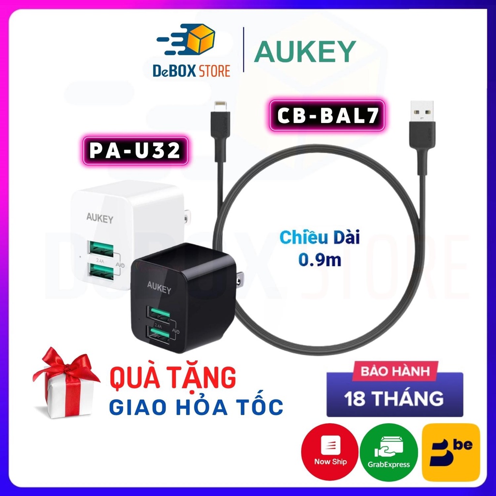 【Giao Hỏa Tốc】Combo Cốc Sạc Nhanh Aukey PA-U32 12W ,Cáp USB A To CB-BAL7 0.9m - Chính Hãng Bảo hành 18 Tháng