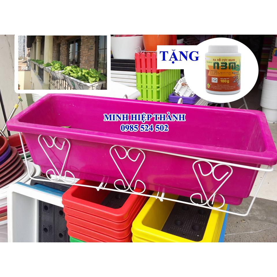 Combo 2 bộ giá sắt tim to +  chậu chữ nhật dài 68cm  ( tặng 1 lọ phân bón n3m ra rễ)