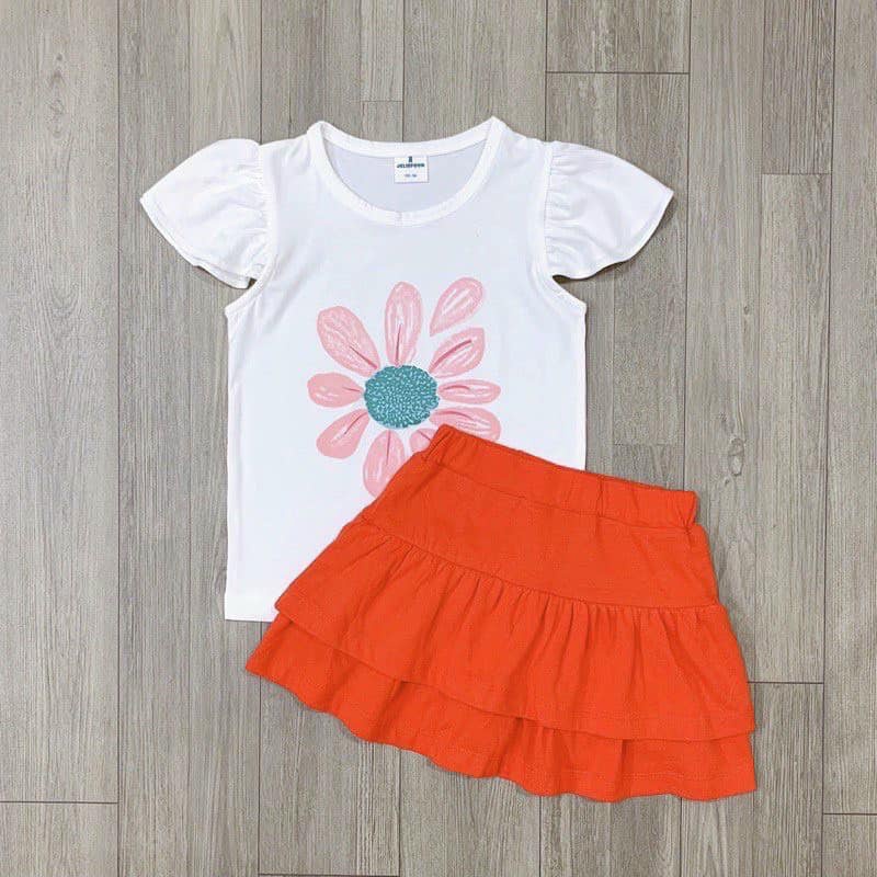 Đồ bộ bé gái áo hoa trắng phối chân váy cam 2 tầng kèm quần chất cotton mềm mịn thấm hút tốt